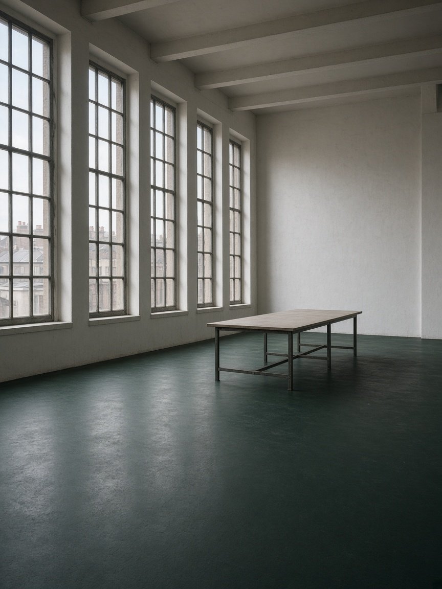 Quiet industrial studio interior with tall windows at regular intervals and a long work table set off-centre.