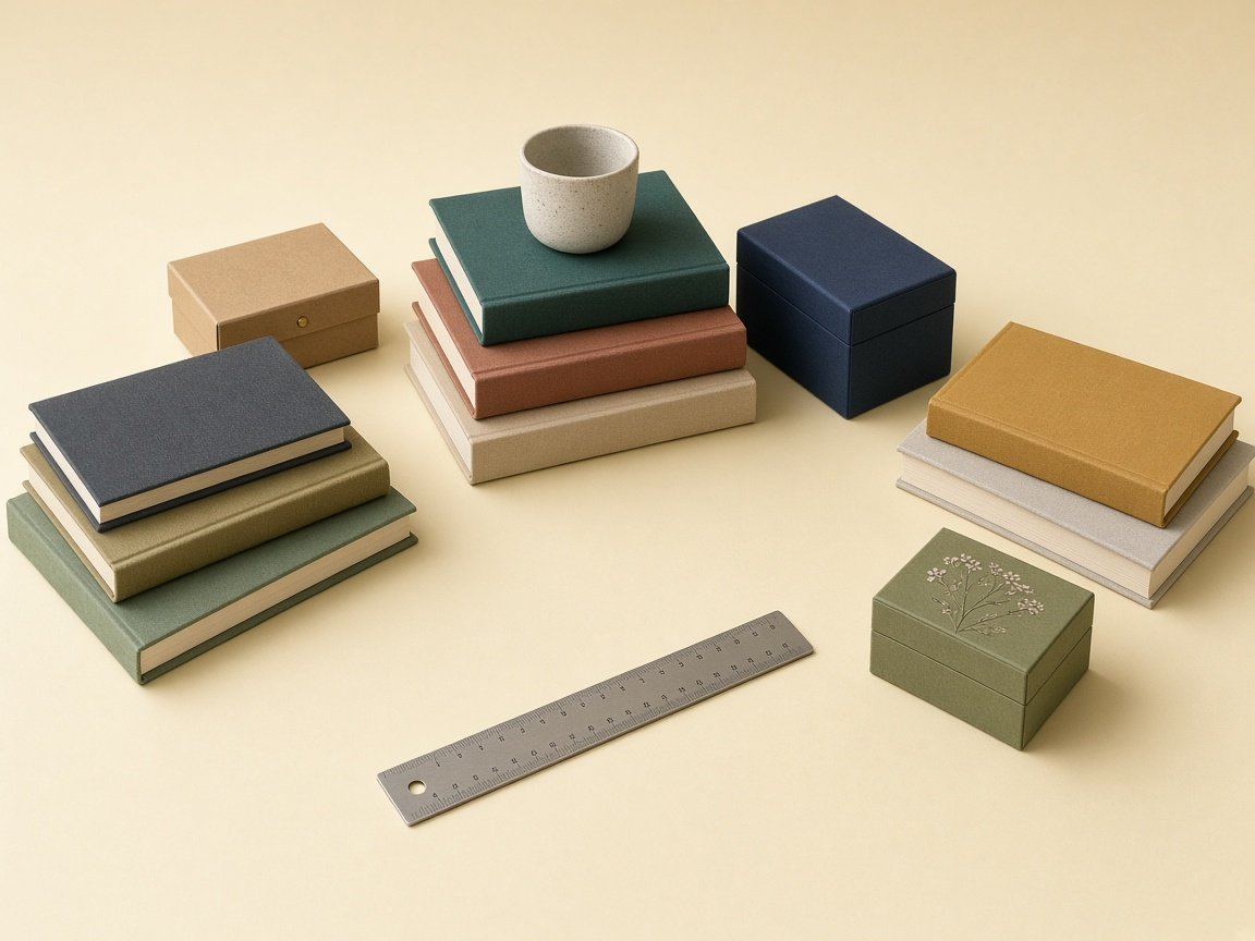 Cloth-bound books and hobby boxes grouped at staggered heights on a pale butter surface.
