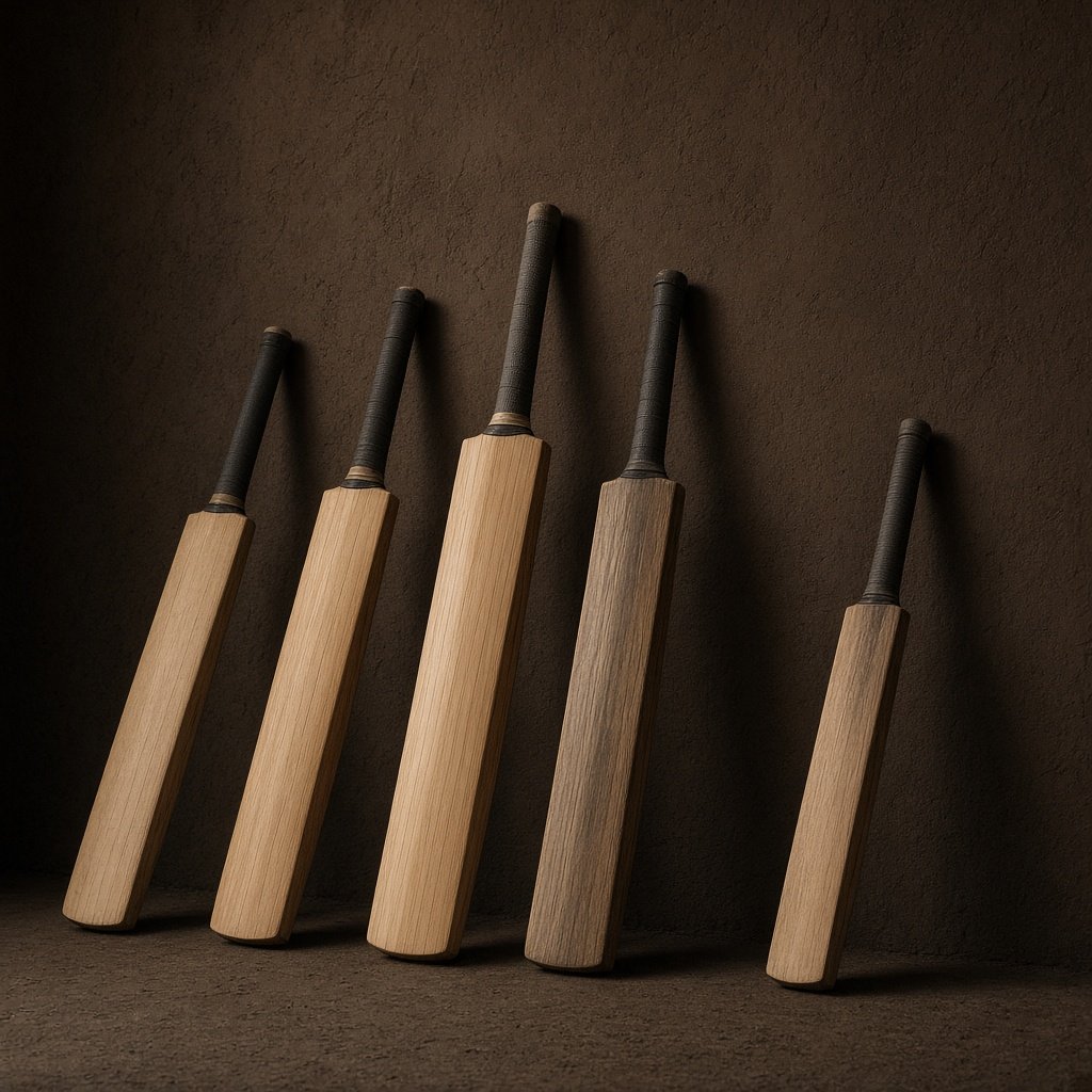 Wooden cricket bats leaning at slightly different angles against a dark plaster wall.