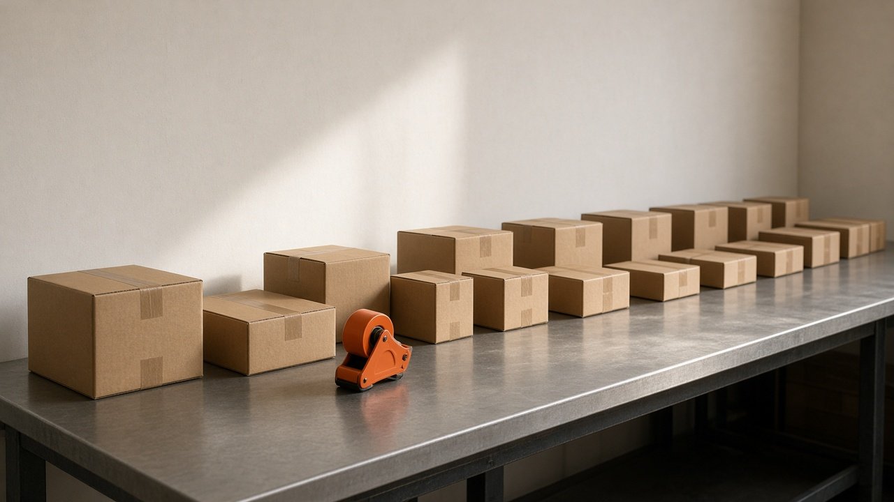 Kraft parcels lined along a packing bench with irregular spacing, tightening toward the right.