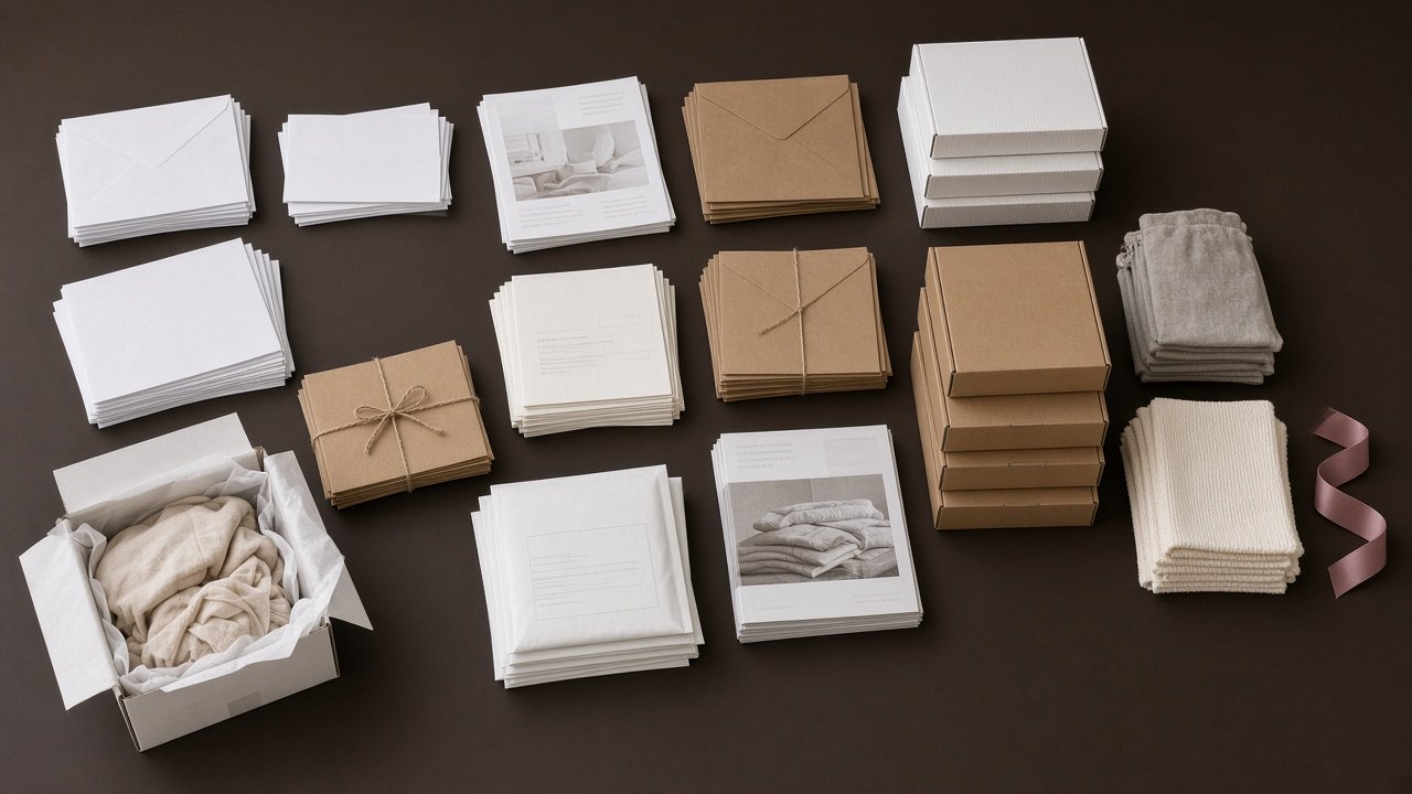 Overhead view of a mail-order packing station with catalogues, envelopes and boxes in a long composition.