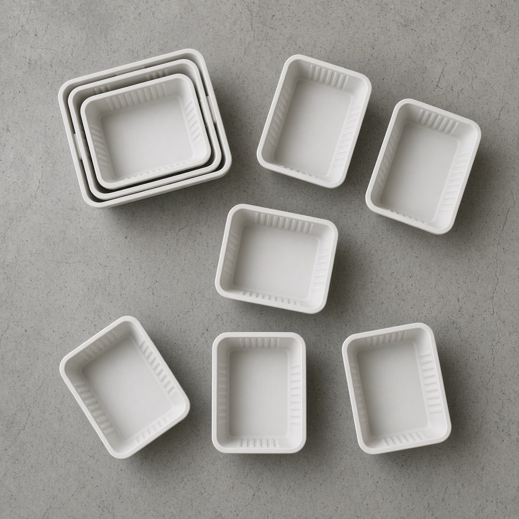 Pale plastic fulfilment totes nested and then separated across a concrete floor.