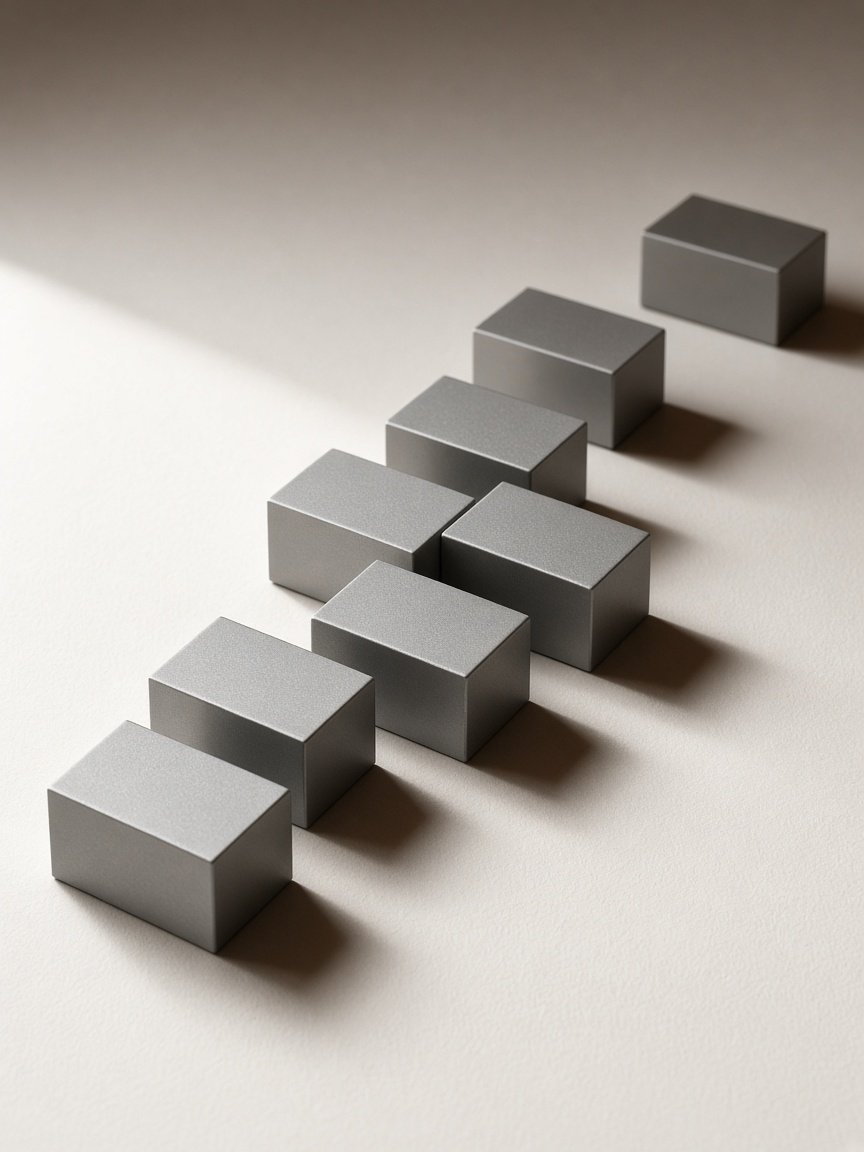 A sequence of identical aluminium modules placed at unequal intervals on a pale studio table.