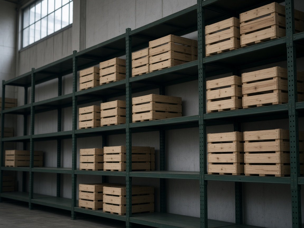 Wooden storage crates stacked with empty shelves used as visual pauses between full bays.