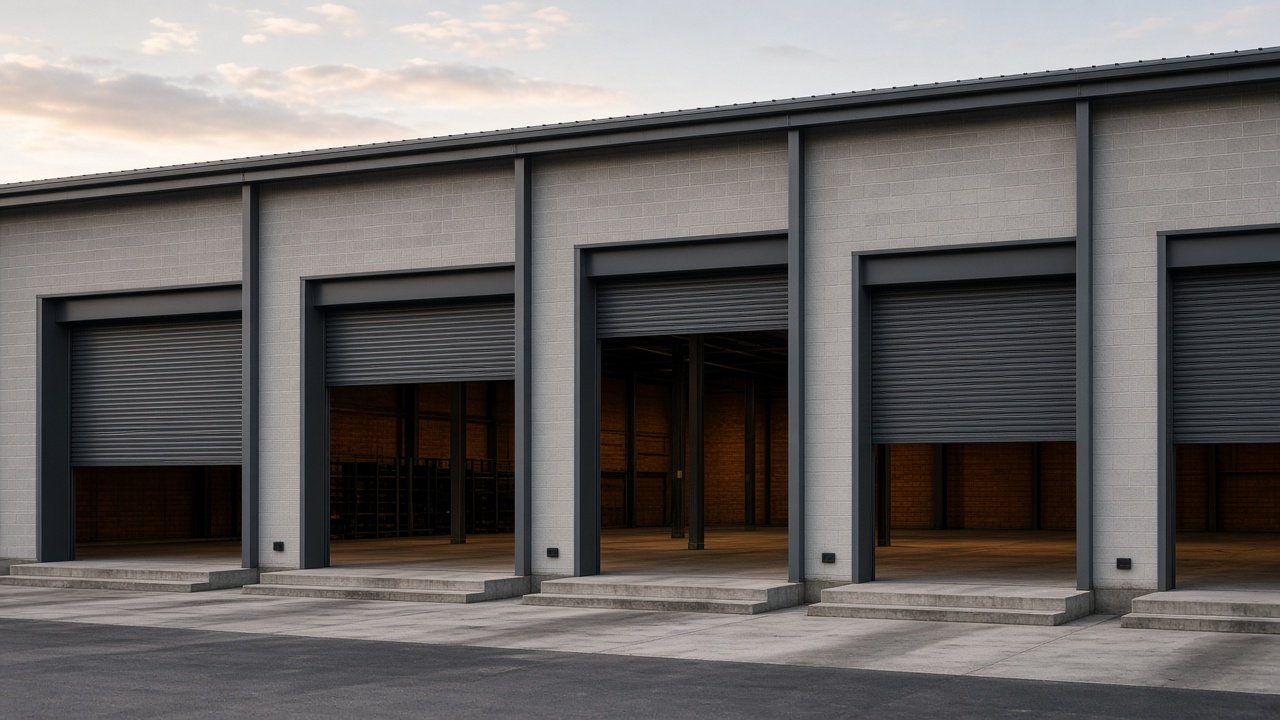 A warehouse loading bay at rest, roller doors open to different heights along the wall.
