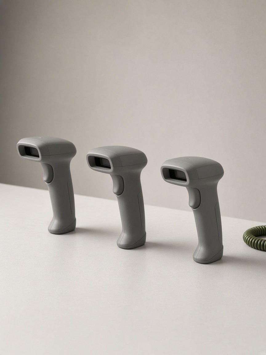 Three industrial barcode scanners placed across a pale table at unequal intervals, with a coiled olive cable to the right.