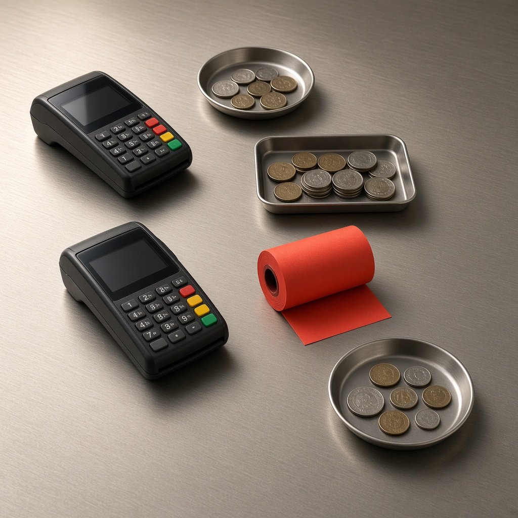 Payment terminals and metal trays arranged in a sparse sequence on a warm aluminium surface.