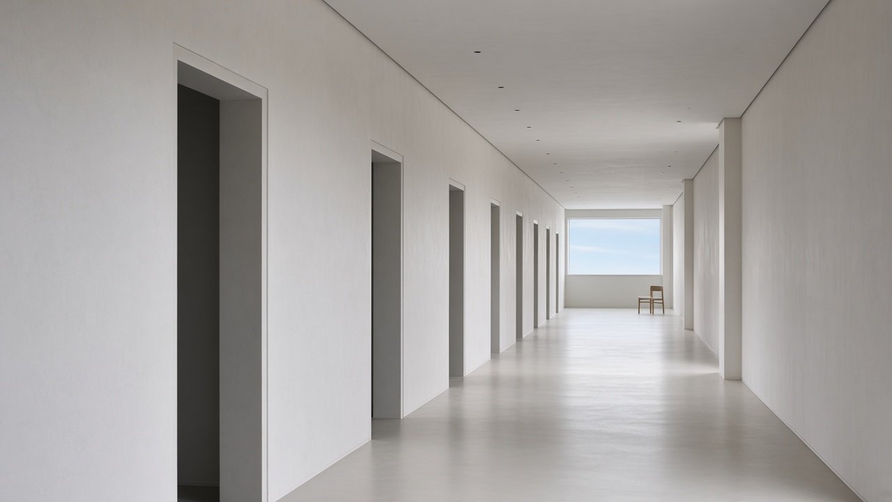 A long empty corridor with repeating openings at irregular intervals and cool daylight at the far end.