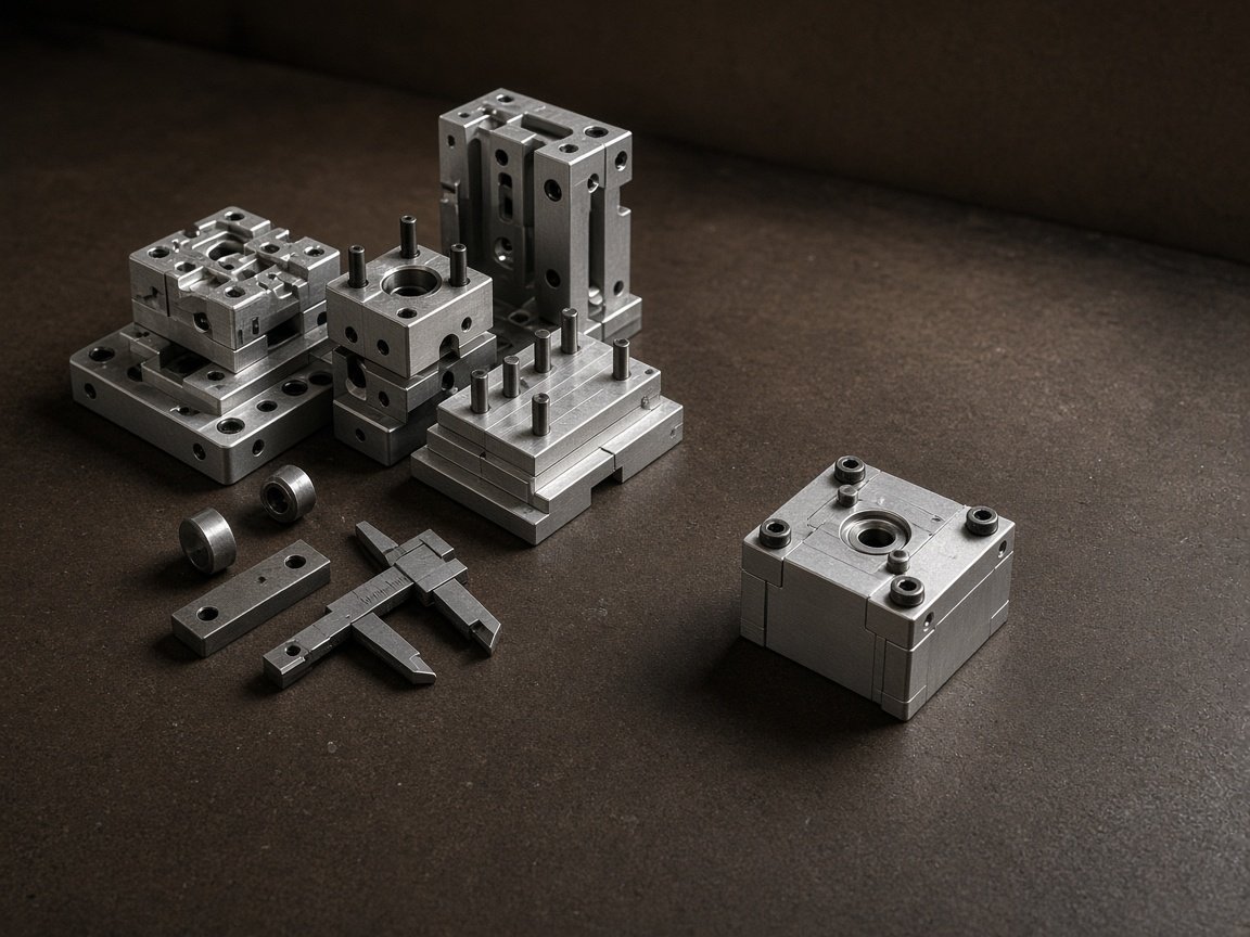Precision metal tools laid out on a dark workbench in clustered and isolated groups.
